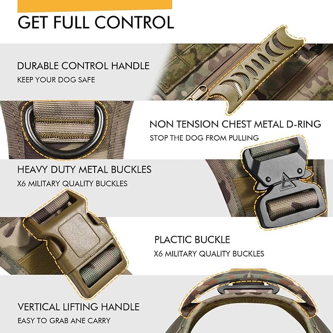 Tactical Dog Backpack Harness for Large Breed Original Design Metal Buckle Vest with Side Bags Pouches for Service Working Training (Camouflage (Vest only), XL)