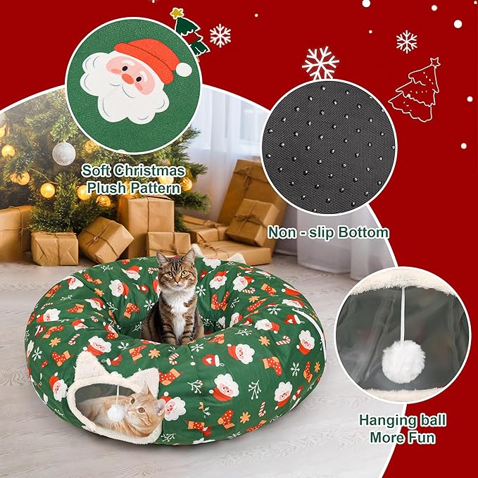 Christmas Cat Tunnel Bed in 3FT x 3FT x 10IN-Cute Cat Tube Christmas Tree Skirt with Ball,Foldable Round Pet Toy with Washable Mat for Keeping Indoor Cats Off Xmas Tree, Green