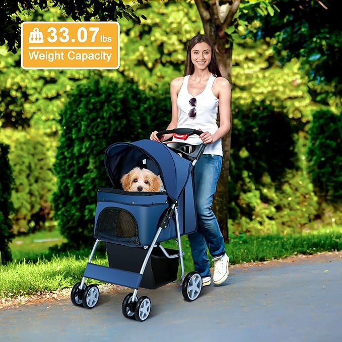 Pet Stroller, 4 Wheels Pet Strolling Cart for Medium/Small Dogs and Cats, Foldable Cat Jogger/Dog Stroller with Cup Holder, Storage Basket, Breathable Mesh, All-Season Pet Carrier, Navy Blue