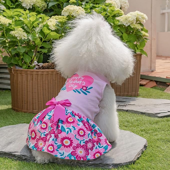 CuteBone Happy Mother's Day Dog Dress Velvet for Small Dogs Girl Floral Skirt Pink Puppy Dresses Dog Clothes CVA22L-D