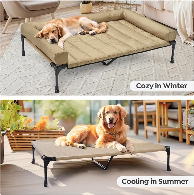 Veehoo Cooling Elevated Dog Bed Add Removable Waterproof Bolster Cushion Mat, Raised Pet Cot with Breathable Teslin Mesh, No-Slip Feet, Dog Couch Bed for Indoor Outdoor, 49x33inches, Beige, CWC2331B
