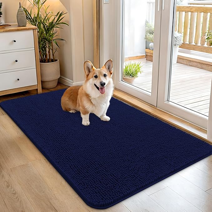 OLANLY Dog Door Mat for Muddy Paws 45x27, Absorbs Moisture and Dirt, Absorbent Non-Slip Washable Doormat, Quick Dry Chenille Mud Mat for Dogs, Entry Indoor Entryway Carpet for Inside Floor, Navy Blue