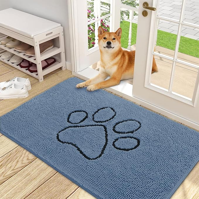OLANLY Dog Door Mat for Muddy Paws 48x30, Paw Print Design, Absorbs Moisture and Dirt, Non-Slip Washable Doormat, Quick Dry Chenille Mud Mat, Entry Indoor Entryway Carpet, Airy Blue and Black