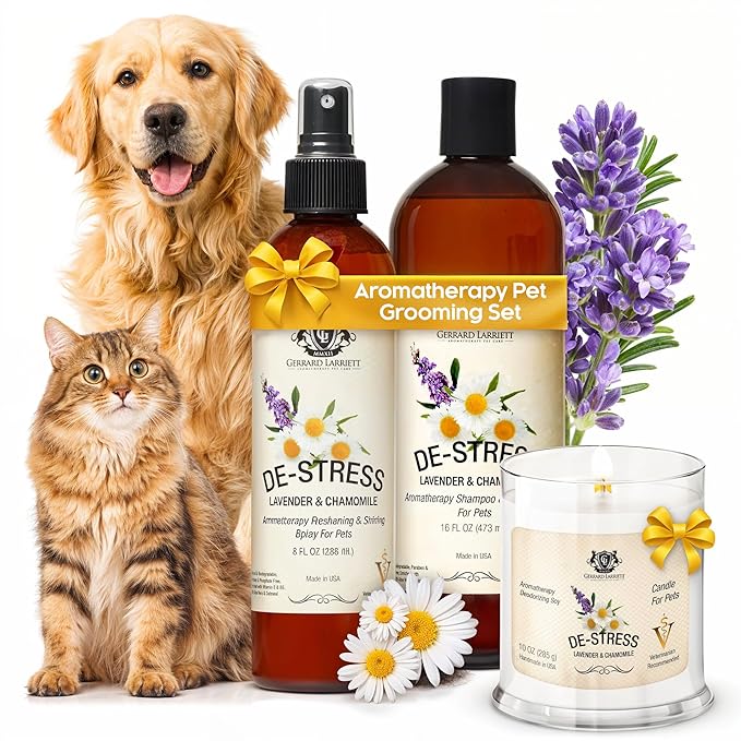 Dog Shampoo and Conditioner Aromatherapy Pet Bundle Set Itchy Skin Relief - De-Stress Dog Grooming Bundle with Dogs Calming Spray Scent Mist, and Pet Odor Eliminator Candle - Lavender & Chamomile