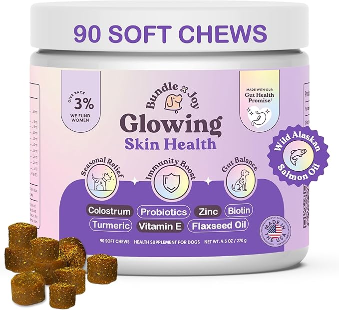 Bundle x Joy Glowing Skin and Coat Supplement for Dogs, 90 Soft Chews, Probiotics for Dogs with Colostrum, Omega 3 Fatty Acids, Salmon Oil, and Turmeric, Supports Seasonal Allergies & Itchiness