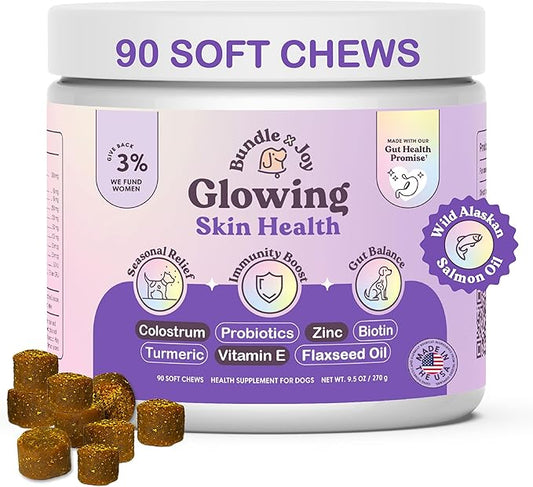 Bundle x Joy Glowing Skin and Coat Supplement for Dogs, 90 Soft Chews, Probiotics for Dogs with Colostrum, Omega 3 Fatty Acids, Salmon Oil, and Turmeric, Supports Seasonal Allergies & Itchiness