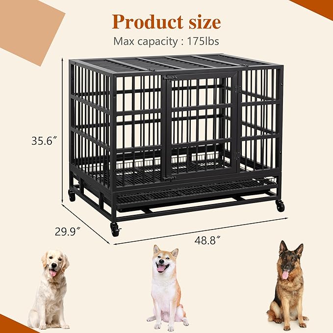 Vongrasig 48/38 "Heavy Duty Indestructible Dog Cages Double Door Escape Cage Kennel, Reinforced Metal Pet Cage, Oversized XL XXL Cage for Large Dogs with Removable Tray