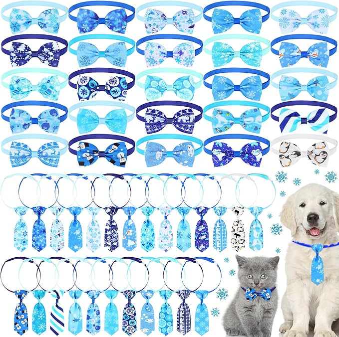 Eccliy 50 Pcs Winter Dog Collar with Bow Christmas Dog Ties Adjustable Cat Bow Ties Neckties Set Snowman Snowflake Bowties Pet Collar for Decoration Supplies