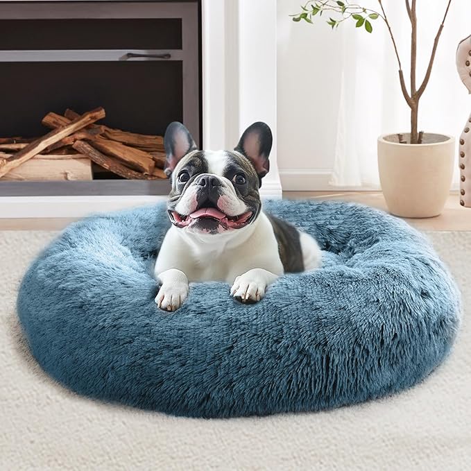 JOLLYVOGUE Calming Dog & Cat Bed for Small Dogs, Anti-Anxiety Donut Cuddler Cozy Soft Round Bed with Anti-Slip Bottom, Fluffy Faux Fur Plush Cushion Beds for Small Medium Dogs (27")