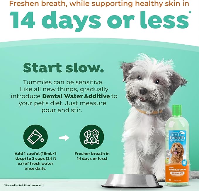 TropiClean Fresh Breath Water Additive for Dogs with Collagen, Skin Health Support for Dogs, Breath Freshener and Teeth Cleaning Solution, 33.8oz.