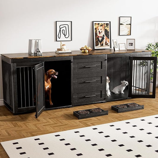Rophefx 94.5" Dog Crate Furniture for 2 Dogs, Large Dog Kennel Furniture with 3 Storage Drawer, Wooden Dog Cage with 4 Bowls, Indoor Dog House TV Stand with Locks for Large Medium Dog, Black