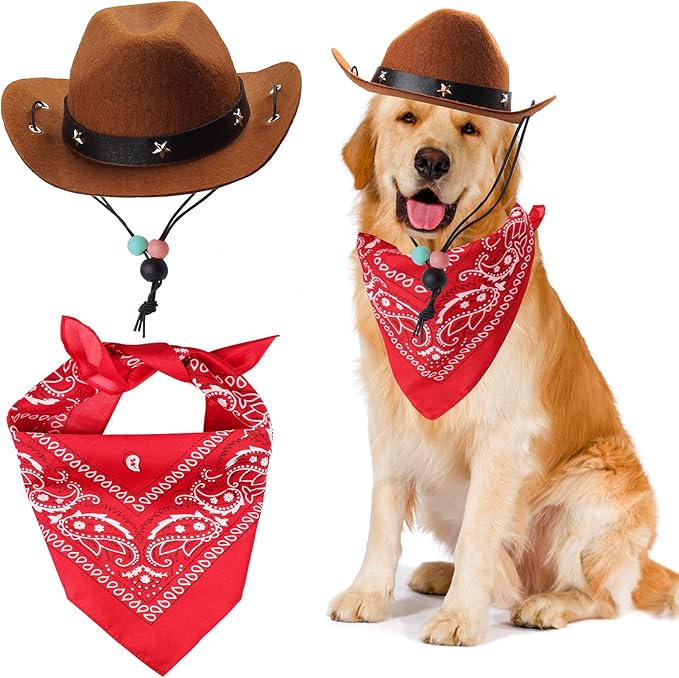 Yewong Pet Cowboy Costume Accessories - Dog Cat Pet Size Cowboy Hat and Bandana Scarf West Accessories for Puppy Kitten Party Festival and Daily Wearing Set of 2 (Coffee)