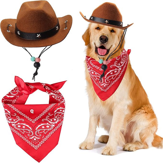 Yewong Pet Cowboy Costume Accessories - Dog Cat Pet Size Cowboy Hat and Bandana Scarf West Accessories for Puppy Kitten Party Festival and Daily Wearing Set of 2 (Coffee)