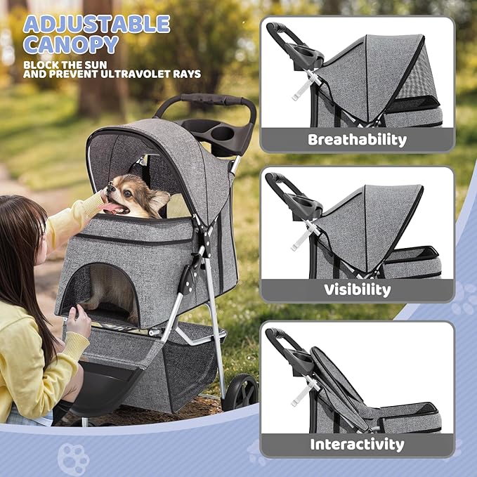Magshion 3-Wheel Pet Stroller, Foldable Travel Jogger for Small & Medium Dogs & Cats (Up to 33lbs), Lightweight Carrier with Breathable Mesh Cover, Cup Holder & Storage Basket, Gray