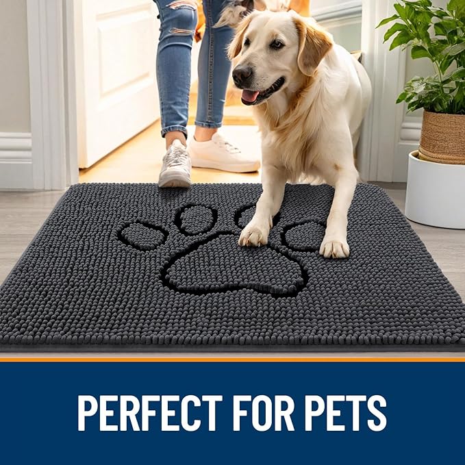 OLANLY Dog Door Mat for Muddy Paws 36x24, Paw Print Design, Absorbs Moisture and Dirt, Non-Slip Washable Doormat, Quick Dry Chenille Mud Mat, Entry Indoor Entryway Carpet, Dark Grey and Black