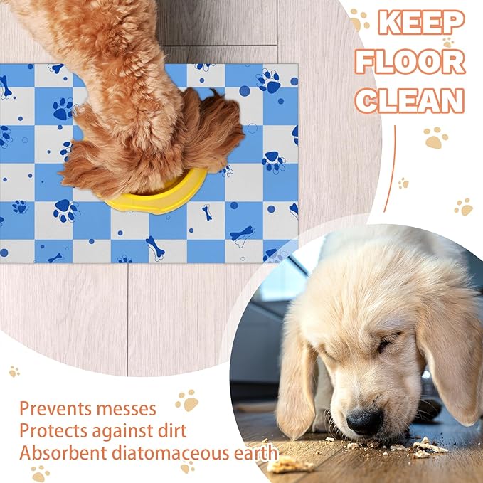 Checkered Absorbent Dog Feeding Mat Quick Dry Diatom Mud Non-Slip Pet Food Placemats Pad with Rubber Backing for Food and Water Bowls 12"x20"