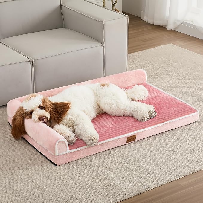 Patas Lague Orthopedic XL Dog Bed Large Sized Dog 48''X30'', Waterproof Comfortable L Bolster Big Extra Large Non-Slip Soft Warm Pet Crate Bed Sleep Sofa mat with Removable Washable Cover, Pink