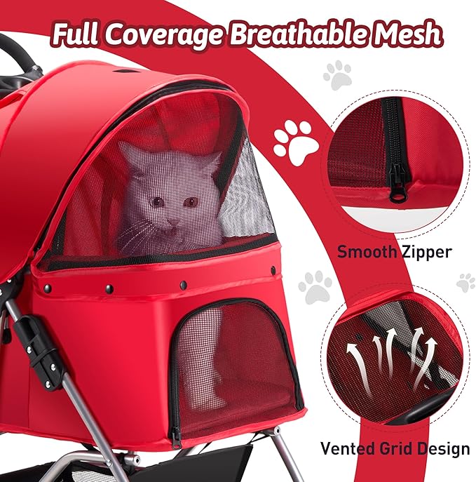 Pet Stroller, 4 Wheels Pet Strolling Cart for Medium/Small Dogs and Cats, Foldable Cat Jogger/Dog Stroller with Cup Holder, Storage Basket, Breathable Mesh, All-Season Pet Carrier, Red