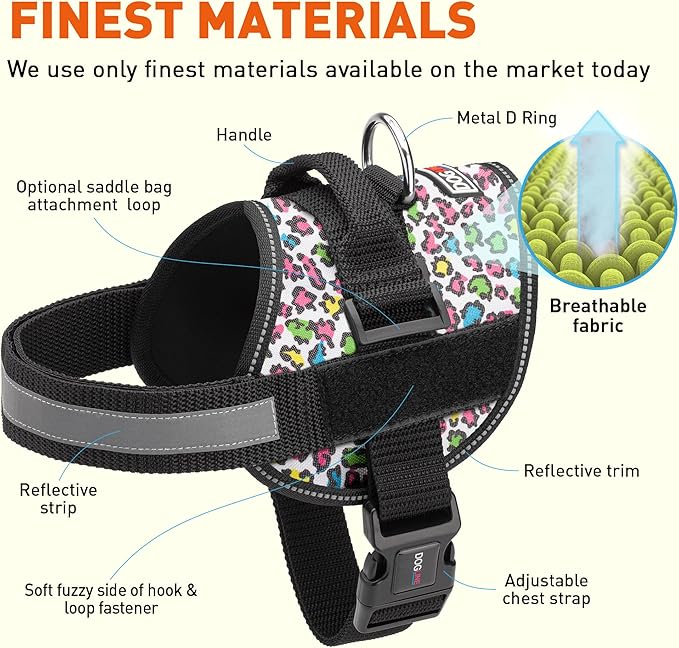 Dogline Dog Harness, Reflective No-Pull Adjustable Vest with Handle for Walking, Training, Breathable, No - Choke Harness for Small, Medium or Large Dogs Room for Patches Leopard Rainbow S 18"-24"
