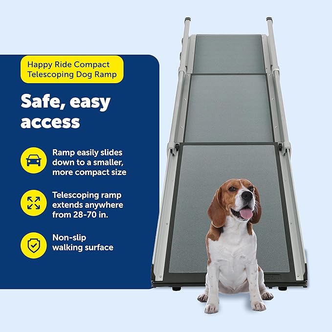PetSafe Happy Ride Compact Telescoping Dog Ramp - Portable Pet Ramp for Cars, Trucks & SUVs with Adjustable Sizing - Non-Slip Design - Lightweight Pet Mobility Assistance - Compact