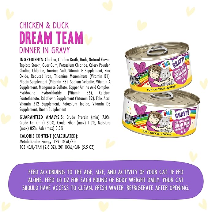 Weruva B.F.F. OMG - Best Feline Friend Oh My Gravy!, Chicken & Duck Dream Team with Chicken & Duck in Gravy, 5.5oz Can (Pack of 8)