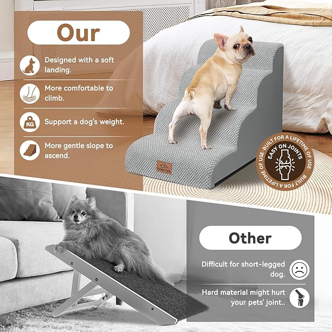 Dog Ramp and Stair for Bed 16" H-20 H,3-Step Cat Stair for Sofa and Chair,4-Step Dog Ramp for High Bed and Window,Durable Nonslip Fabric Cover for Indoor (Light Grey-16 H, Pet Friendly, 3)