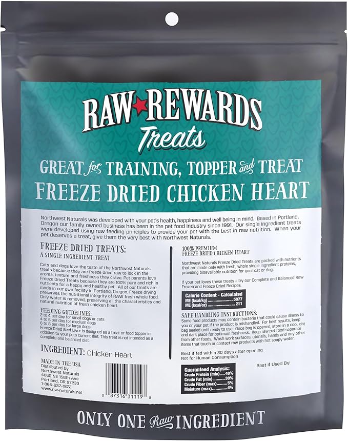 Northwest Naturals Raw Rewards Freeze-Dried Chicken Heart Treats for Dogs and Cats - Bite-Sized Pieces - Healthy, 1 Ingredient, Human Grade Pet Ingredients, Natural, Made in USA, 10 Oz (Pack of 3)
