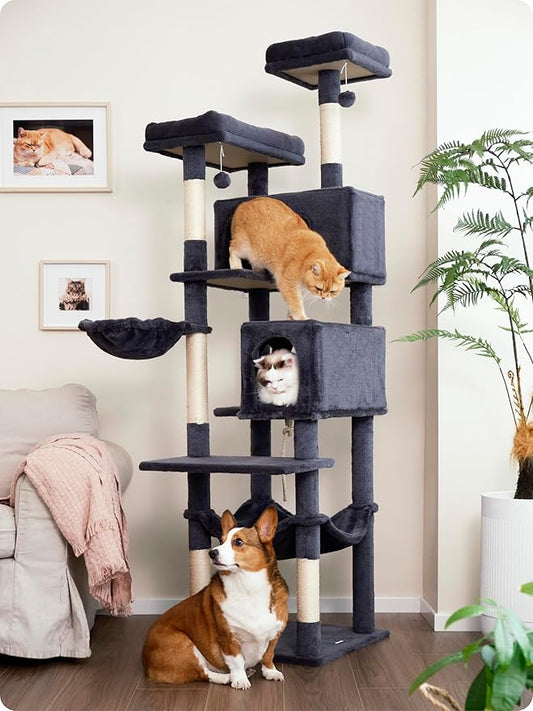 Ouritsu Cat Tree, 73.6 inch Tall Cat Climbing Tower for Large Cat Indoor with 2 Large Condos, 2 Widened Perches, Sisal Covered Scratching Posts, 2 Hammocks, Dark Gray, XLF001DG