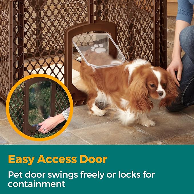 MyPet North States Petyard Passage: 4-Panel Folding Dog Playpen Indoor or Outdoor. 7 sq. ft. Puppy Playpen, Lockable Pet Door. Freestanding Play Pen Dog Gate. Made in USA. 26" Tall, Brown