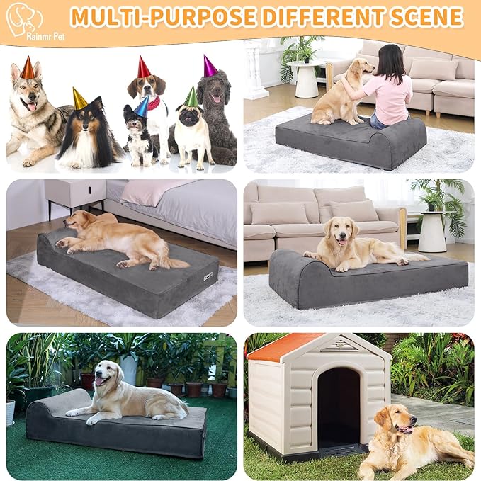 Orthopedic Dog Beds for Large Dogs, 7" Memory Foam Dog Beds with Waterproof Liner, Chew Proof Microsuede Cover, Removable and Washable, Nonskid Bottom, 48"x30"x7" L Grey