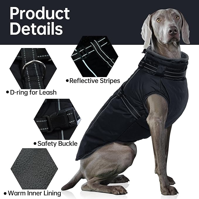 PUMYPOREITY Snow Jacket for Large Dogs Waterproof, Warm Dog Winter Coat with Harness Built in, Fleece Jacket with Back Zipper, Cold Weather Coats for Outdoor, Windproof Pet Snowsuit, Black, 3XL