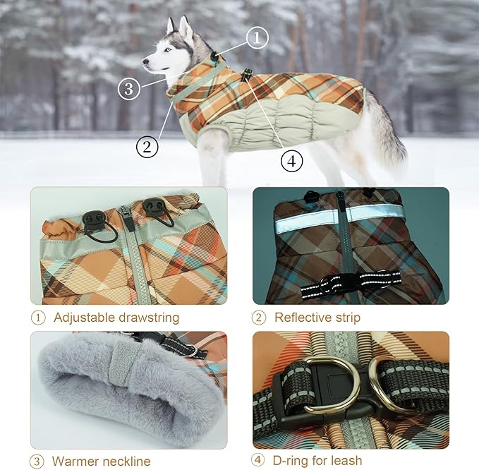 Lelepet Warm Dog Winter Coat Dog Coats for Large Dogs Waterproof Dogs Jacket with Harness Built in Reflective Cold Weather Coats Windproof Zip-Up Winter Fleece Vest Snowsuit Pitbull Brown Plaid XXL