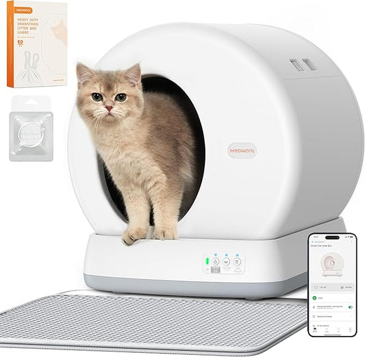 MeoWant Self Cleaning Cat Litter Box, Automatic Cat Litter Box with Integrated Safety Sensors, APP Control, Odor-Free, Large Capacity for Multi Cats with Mat & Liner