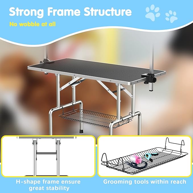 46''Large Dog Grooming Table, Adjustable Cat Drying Desktop with Arms, Nooses, Mesh Tray, Foldable Pet Station at Home, Maximum Capacity Up to 330Lb, 46inch, Black, 46in