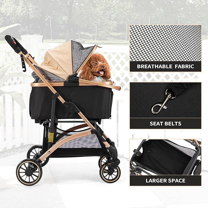Coziwow Dog Stroller for Pets, One Hand Fold Puppy Stroller with 6 Shock Absorbers, Removable Cabin & Storage Basket, 4 Wheels Dual Brakes, Rose Gold + Black