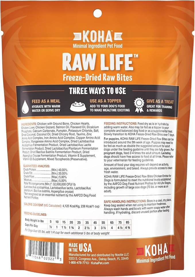 KOHA Raw Life Freeze-Dried Raw Bites Chicken for Dogs, High Protein Meal, Topper, and Treat for Picky Eaters, 14oz Bag