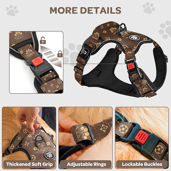 FURRYFECTION Dog Harness | No Pull Dog Harness | Reflective Oxford | Padded Handle | 4 Adjustable Straps | 2 Leash Clips | No Choke Pet Vest Harness for Small Medium Large Dogs | Dark Brown | L