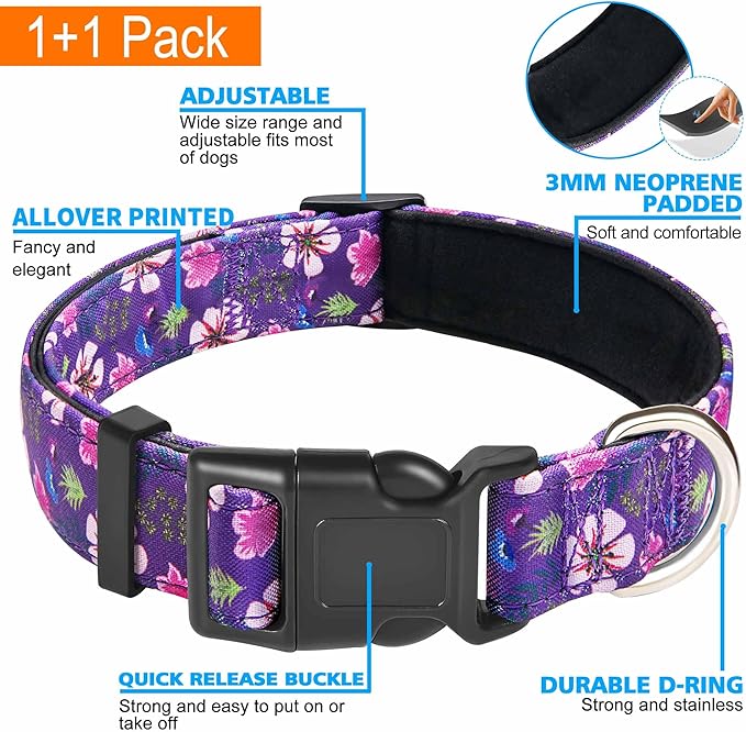 Reflective Dog Collar Padded with Soft Neoprene Breathable Adjustable Nylon Dog Collars for Small Medium Large Dogs (Large (Pack of 1), Purple/Pink Floral Collar+Leash)