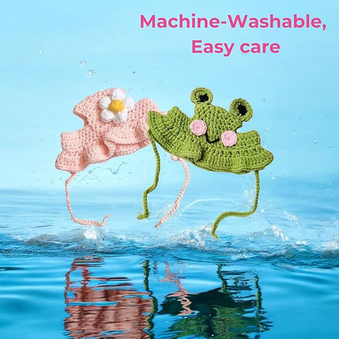 2Pcs Cute Knitted Rabbit Hat, Funny Bunny Hats for Pet Rabbits Large Guinea Pig Small Dog Cat Pet Bunny Costume for Birthday Party Christmas Halloween Easter Travel Accessories (Frog and Flower)