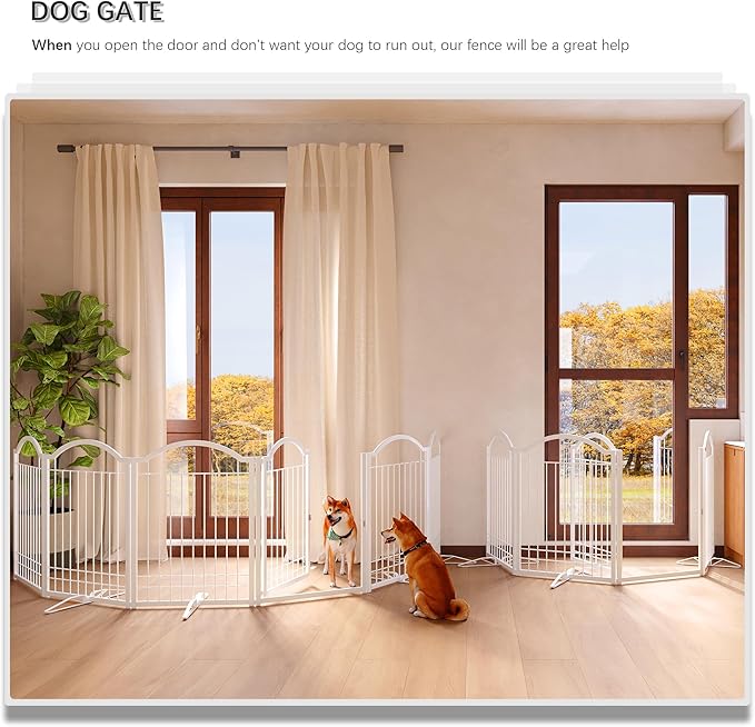 4NM Metal No Drilling Expandable Dog Gate, Extra Wide 96", Extra Tall 32" Free Standing Pet Gate with Door, Gates for Dogs Outdoor or Indoor, with 3PCS Support - White