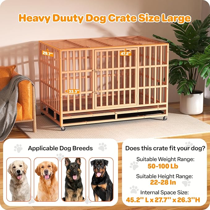 Heavy Duty Indestructible Dog Crate 48 Inch with Removable Tray, Sizes & Colors Optional, Escape Proof Double Door High Anxiety Cage Indoor, Kennel with Wheels for Large Dogs, XL XXL XXL