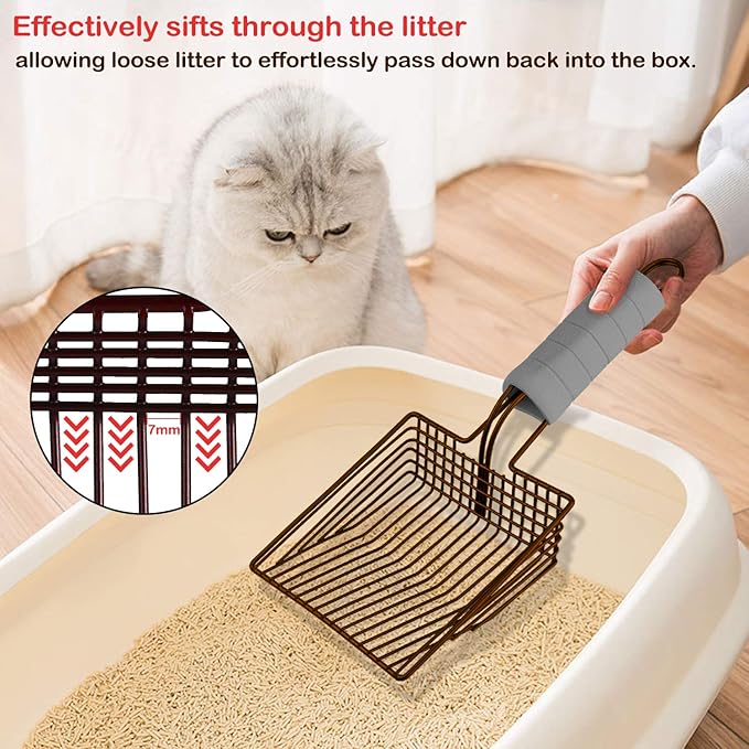 Cat Litter Scoop, Steel Metal Scooper with Deep Shovel and Long Foam Handle for Kitty Litter Box, Soft Pet Sifter, Comfy Poop Sifting, Pooper Lifter, Durable and Heavy Duty, Bronze Finish