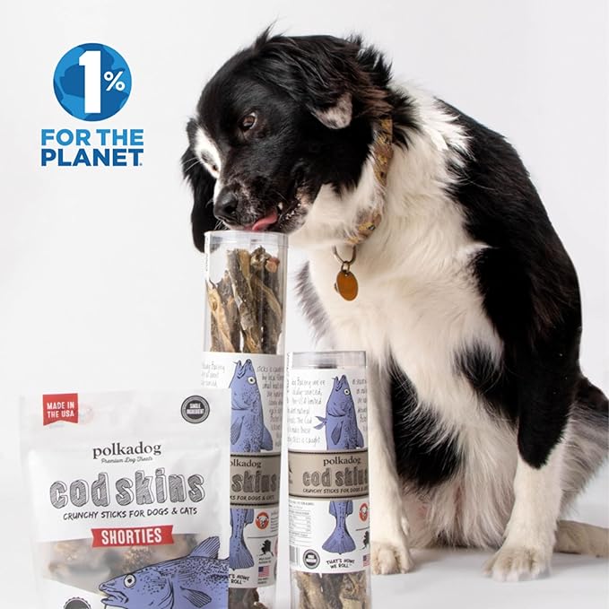 Polkadog Cod Skins for Dogs (12oz Shortie) - Single Ingredient, Wild-Caught Fish Skin Dog Treats for All Breeds – High in Lean Protein & Omega-3. Hypoallergenic, Grain Free. Handcrafted & Made in USA