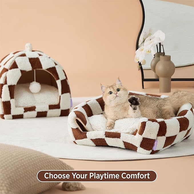 Lesure Cute Cat Beds for Indoor Cats - 2 in 1 Cat Cave Bed for Large Cats, House with Removable Washable Cushioned Pillow, Cozy Tent House with Non-Slip Bottom, Brown, 17.3 inches