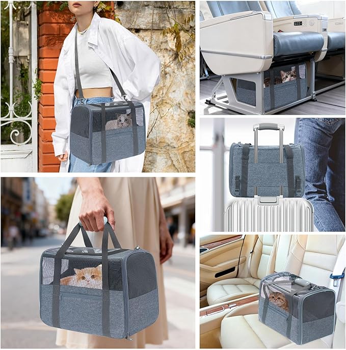 JUNGYOUN Premium Cat Carrier - Pet Carrier for Cat & Small Dogs up to 15lbs - Airline Approved Travel Dog Carrier with Anti-Escape Zippers, Collapsible Travel Bowl & Padded Strap,Charcoal