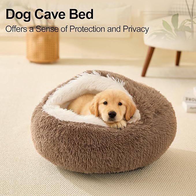 Calming Dog Beds & Cat Cave Bed with Hooded Cover,Removable Washable Round Beds for Small Medium Pets,Anti-Slip Faux Fur Fluffy Coved Bed for Improved Sleep,Fits up to 15/25 lbs(Khaki,M)