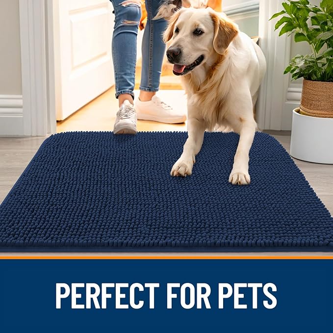 OLANLY Dog Door Mat for Muddy Paws 44x24, Absorbs Moisture and Dirt, Absorbent Non-Slip Washable Doormat, Quick Dry Chenille Mud Mat for Dogs, Entry Indoor Entryway Carpet for Inside Floor, Dark Blue