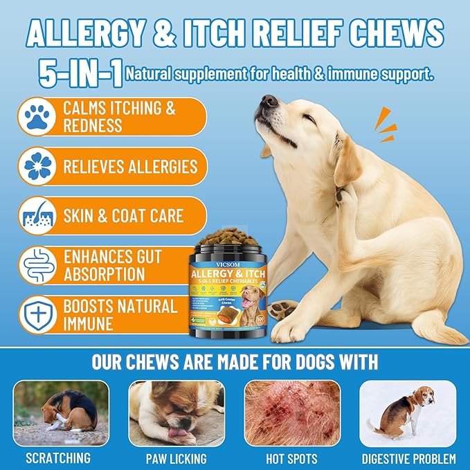 Dog Allergy Relief Chews, Dog Itching Skin Relief, 500 Crunchy Krill Center Seasonal Allergy Anti-Itch Chews, Itchy Ear & Paw Licking, Colostrum, Quercetin & Probiotics for Gut, Immune, Skin & Coat