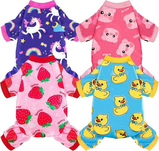 4 Pack Dog Pajamas Soft Lightweight Dog Recovery Suit Onesie Clothes for Small Medium Large Female Pet Boys Girls Dogs Cats (L (Back: 12.5",Chest: 17", Neck: 10.2"), Unicorn,Pig,Strawberry,Duck)