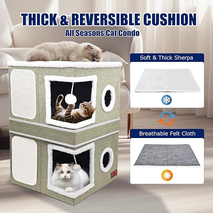 2-Story Cat House for Indoor Cats, Dual-Purpose Cave Bed with Scratch Pad and Fluffy Ball, Foldable Cat Hideaway, Cute Condo Furniture for Multi Small Pet Kitten, Green